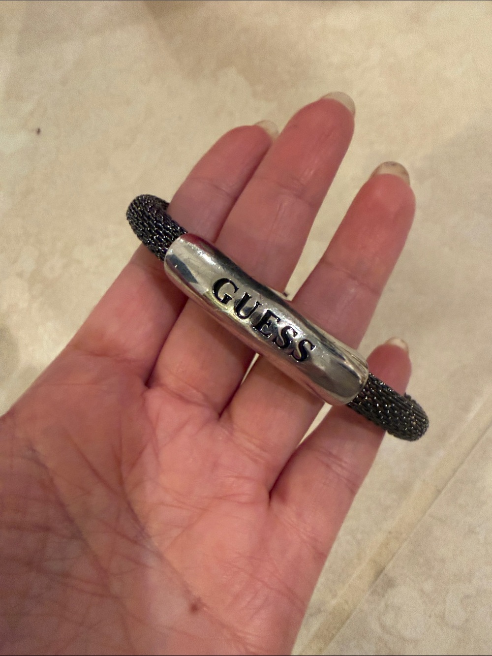 Guess Black Mesh Bracelet with Silver Logo Bar